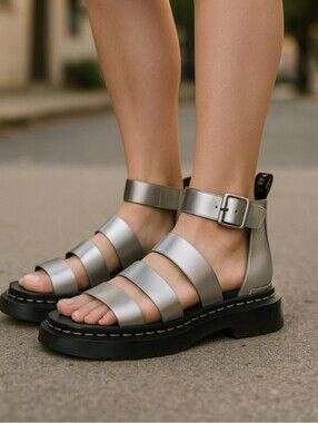 Dr. Martens Clarissa II Metallic Silver Leather Sandals Womens Size 10 NIB